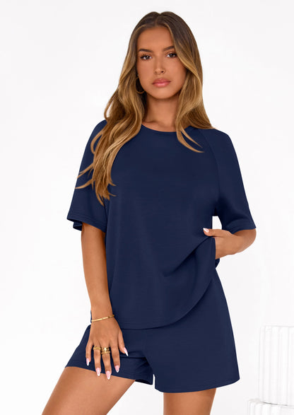 Osonn Women's 2 Piece Lounge Sets Short Sleeve Shirts Casual Tops Shorts Matching Clothing Summer Airport Outfits