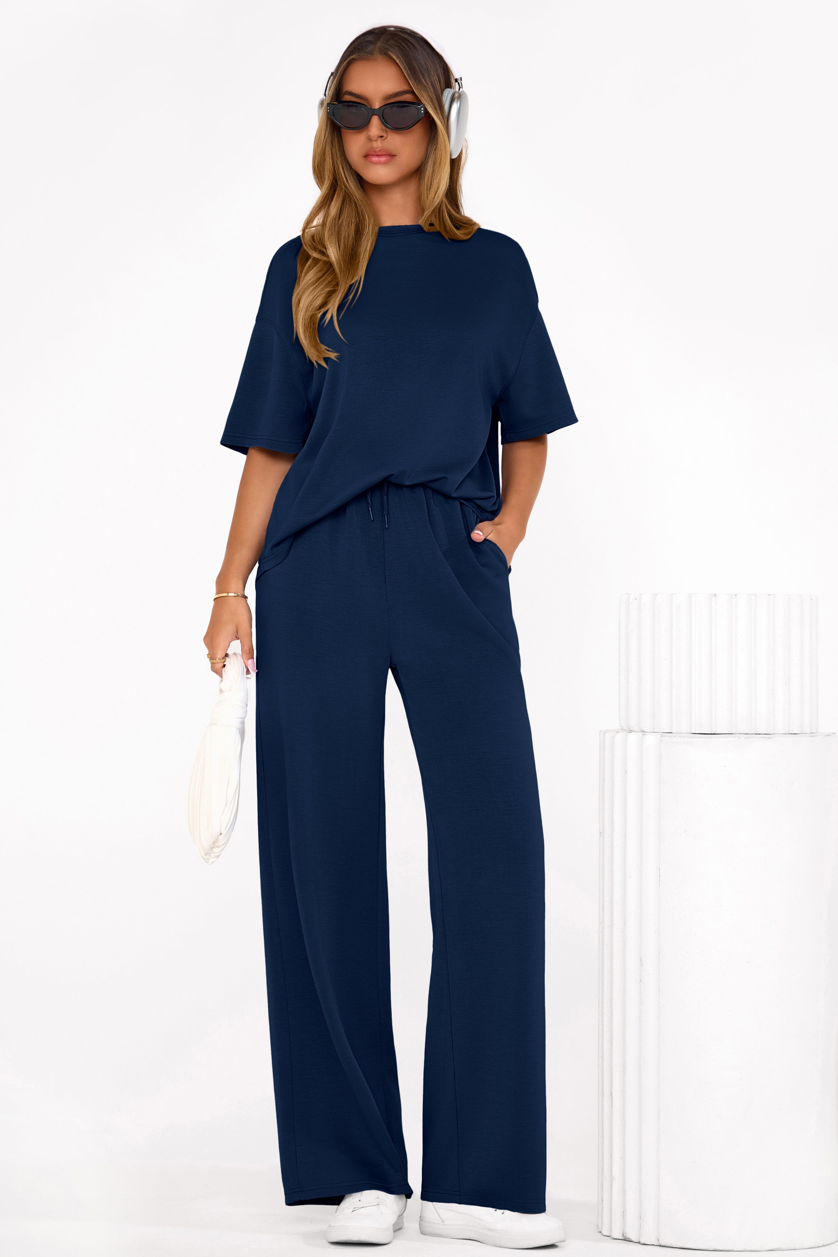 Osonn Women's Summer 2 Piece Lounge Set Short Sleeve Tops Wide Leg Pants Spring Vacation Travel Outfits Clothes