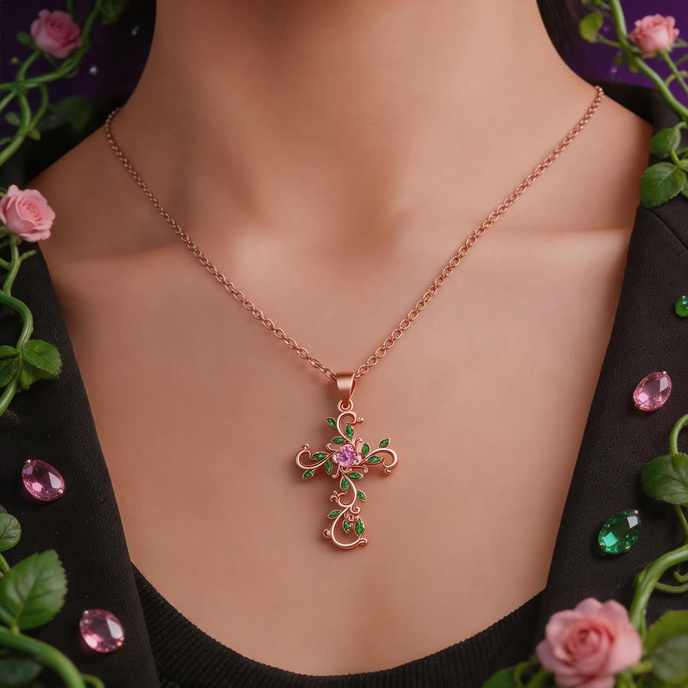 Gold Vine Leaf Pink Cross Necklace — image 2