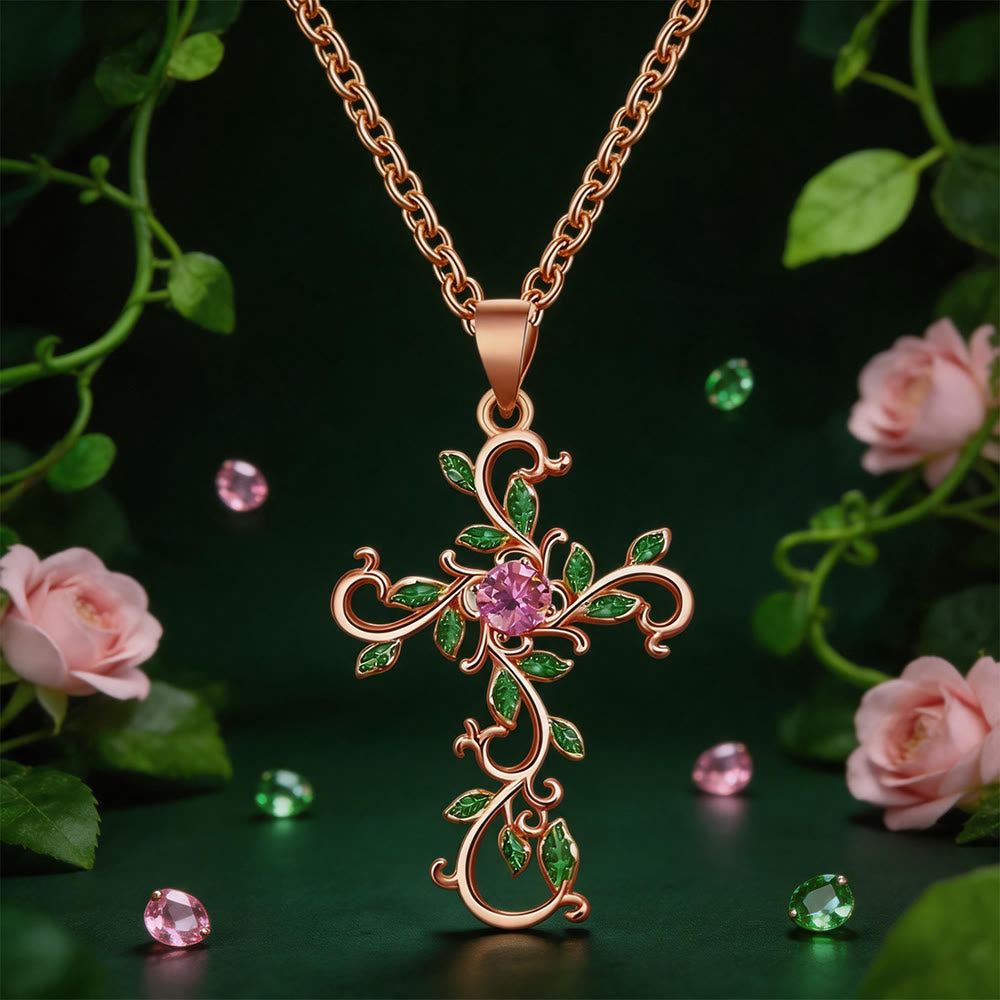 Gold Vine Leaf Pink Cross Necklace — image 1