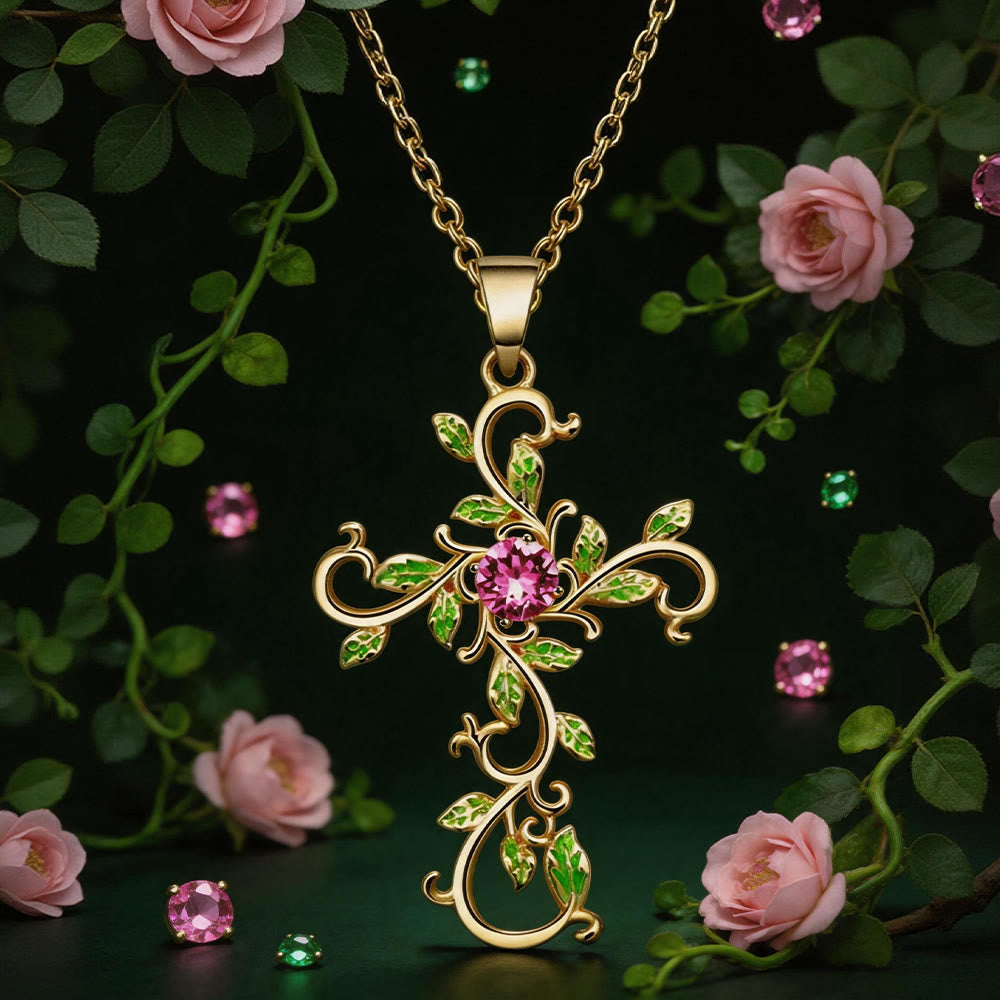 Gold Vine Leaf Pink Cross Necklace — image 4