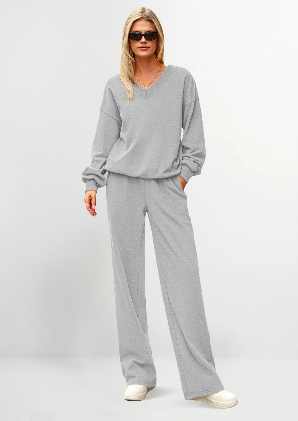 Osonn Casual Winter Two Piece Sets for Women V Neck Sweatshirt Loose Wide Leg Pants Tracksuit Knit Fall Outfits
