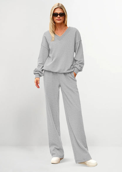 Osonn Casual Winter Two Piece Sets for Women V Neck Sweatshirt Loose Wide Leg Pants Tracksuit Knit Fall Outfits