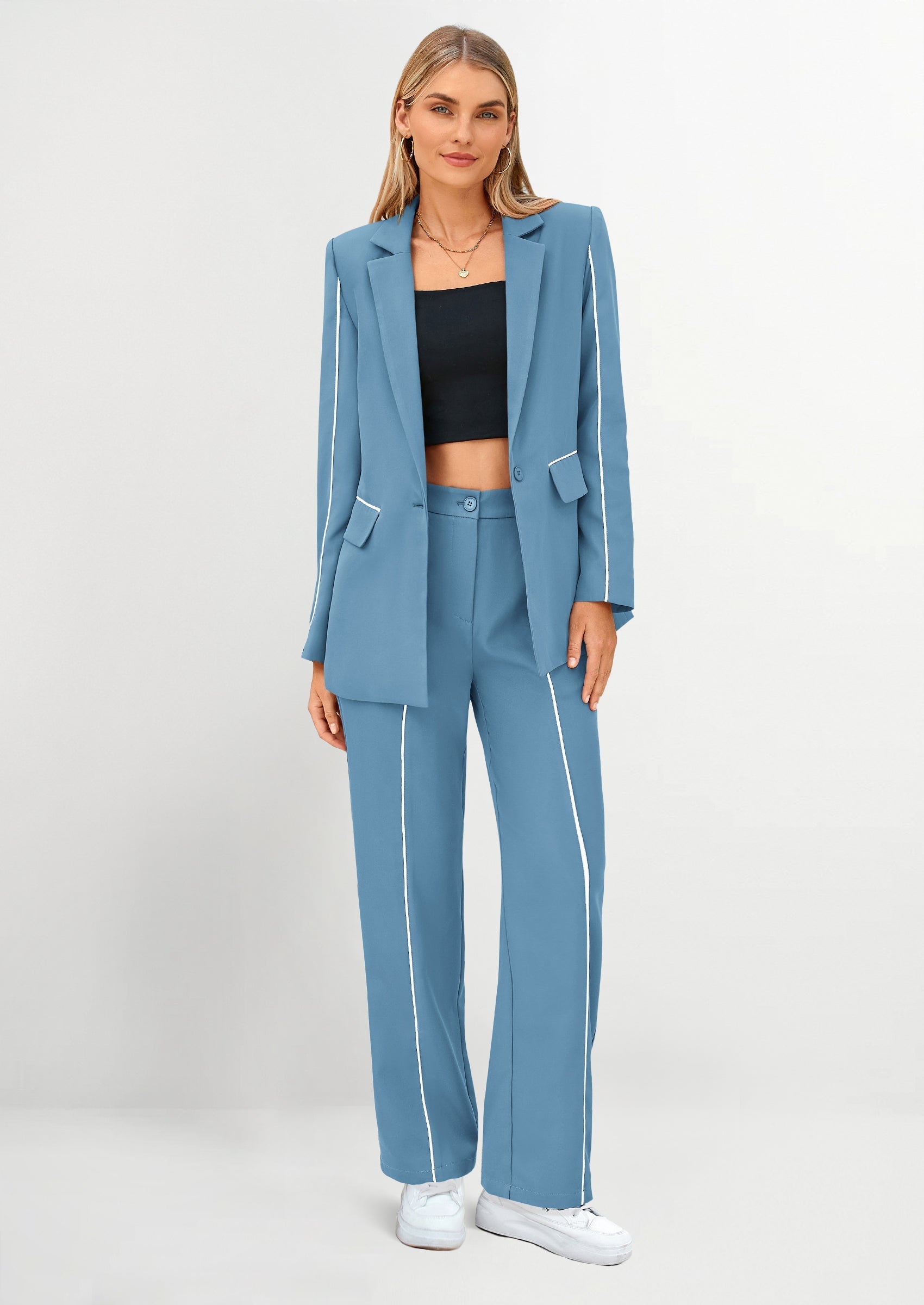 Osonn 2 Piece Blazer Outfits Business Casual Oversized Jacket Wide Leg Work Pants Dressy Suit Set
