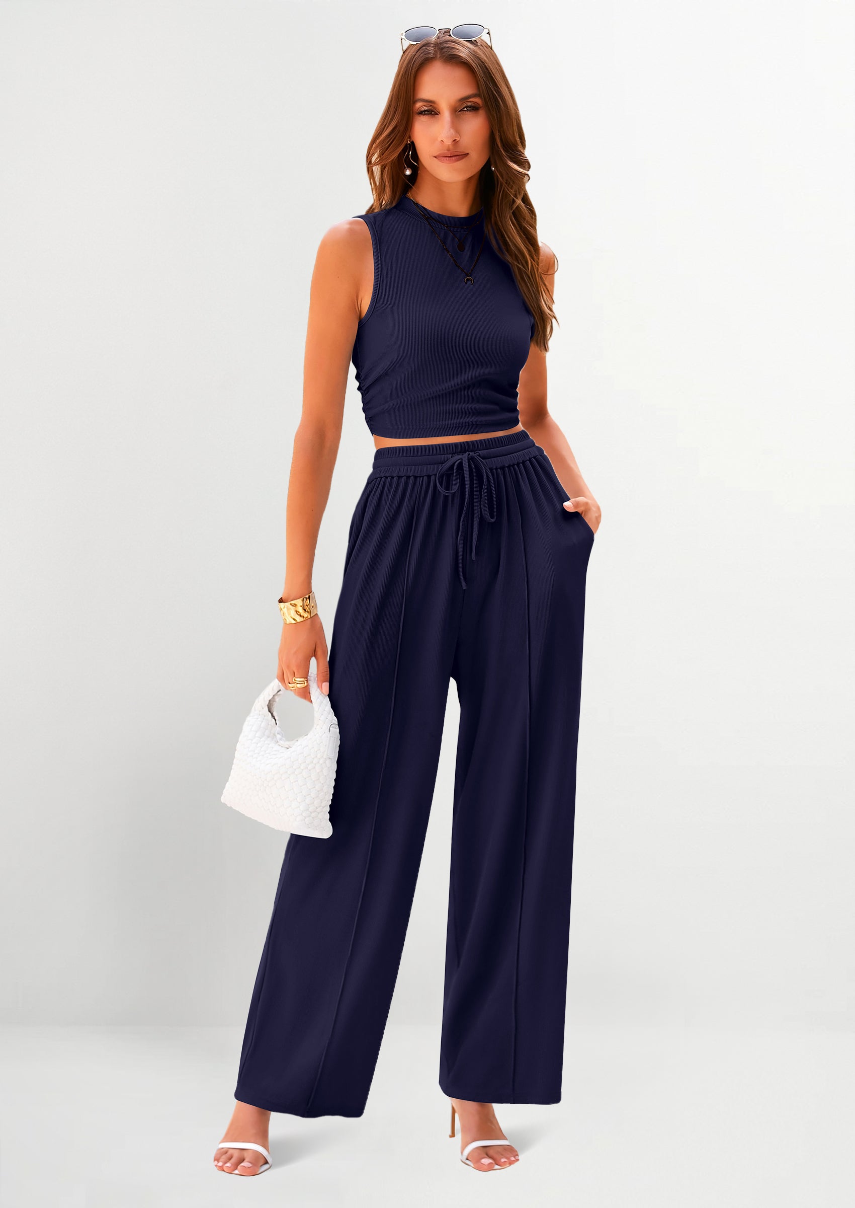 Osonn 2 Piece Sets Sleeveless Tank Ribbed Travel Vacation Lounge Wear Outfits