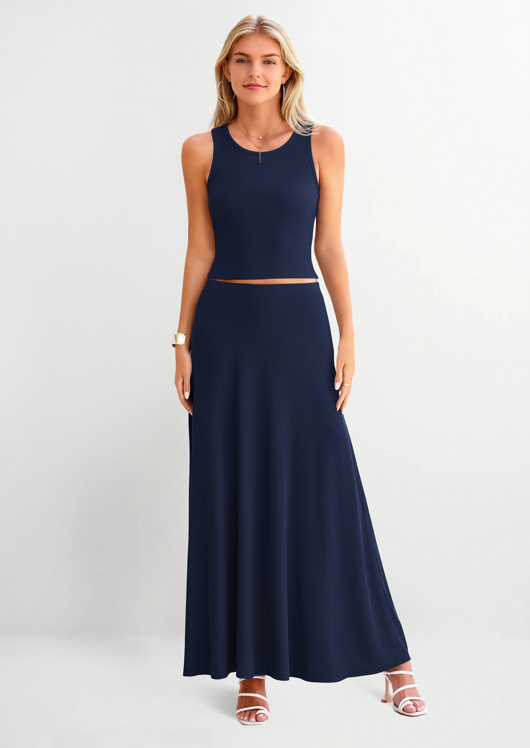 Osonn 2 Piece Maxi Skirt Sets Casual Knit Cropped Tank Top High Waisted Long Skirts Outfit