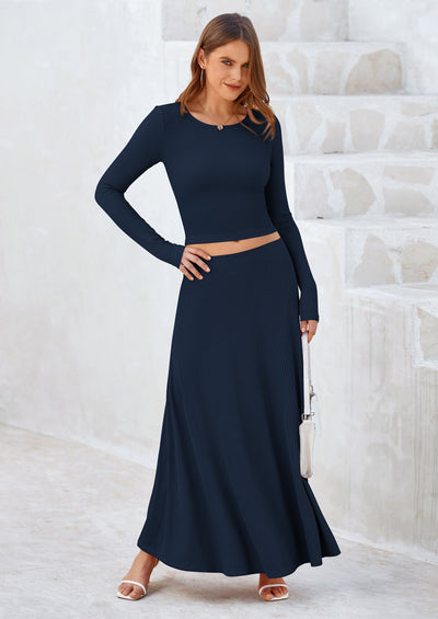Osonn 2 Piece Casual Ribbed Knit Long Sleeve Crop Tops Maxi Flowy Skirts Matching Sets