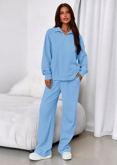 Osonn Womens Casual Two Piece Sets Fall Outfits Quarter Zip Sweatshirts Straight Leg Pants Sweatsuits Tracksuit