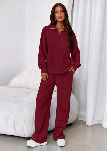 Osonn Womens Casual Two Piece Sets Fall Outfits Quarter Zip Sweatshirts Straight Leg Pants Sweatsuits Tracksuit