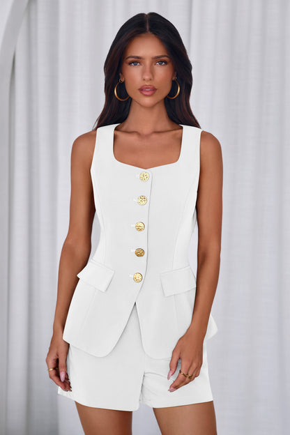 Osonn Womens 2 Piece Matching Sets Fashion Button Down Suit Vest Tops Shorts Set Spring Business Casual Outfits