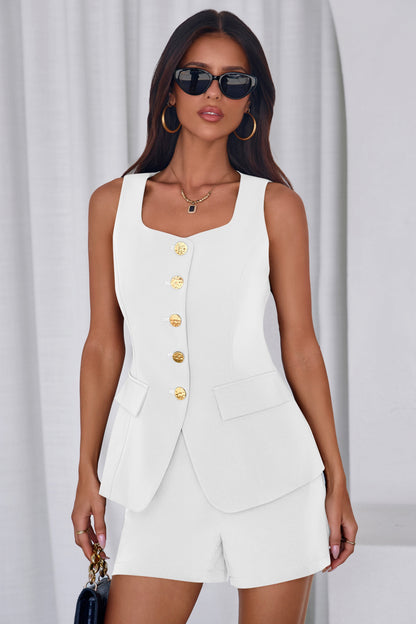 Osonn Womens 2 Piece Matching Sets Fashion Button Down Suit Vest Tops Shorts Set Spring Business Casual Outfits