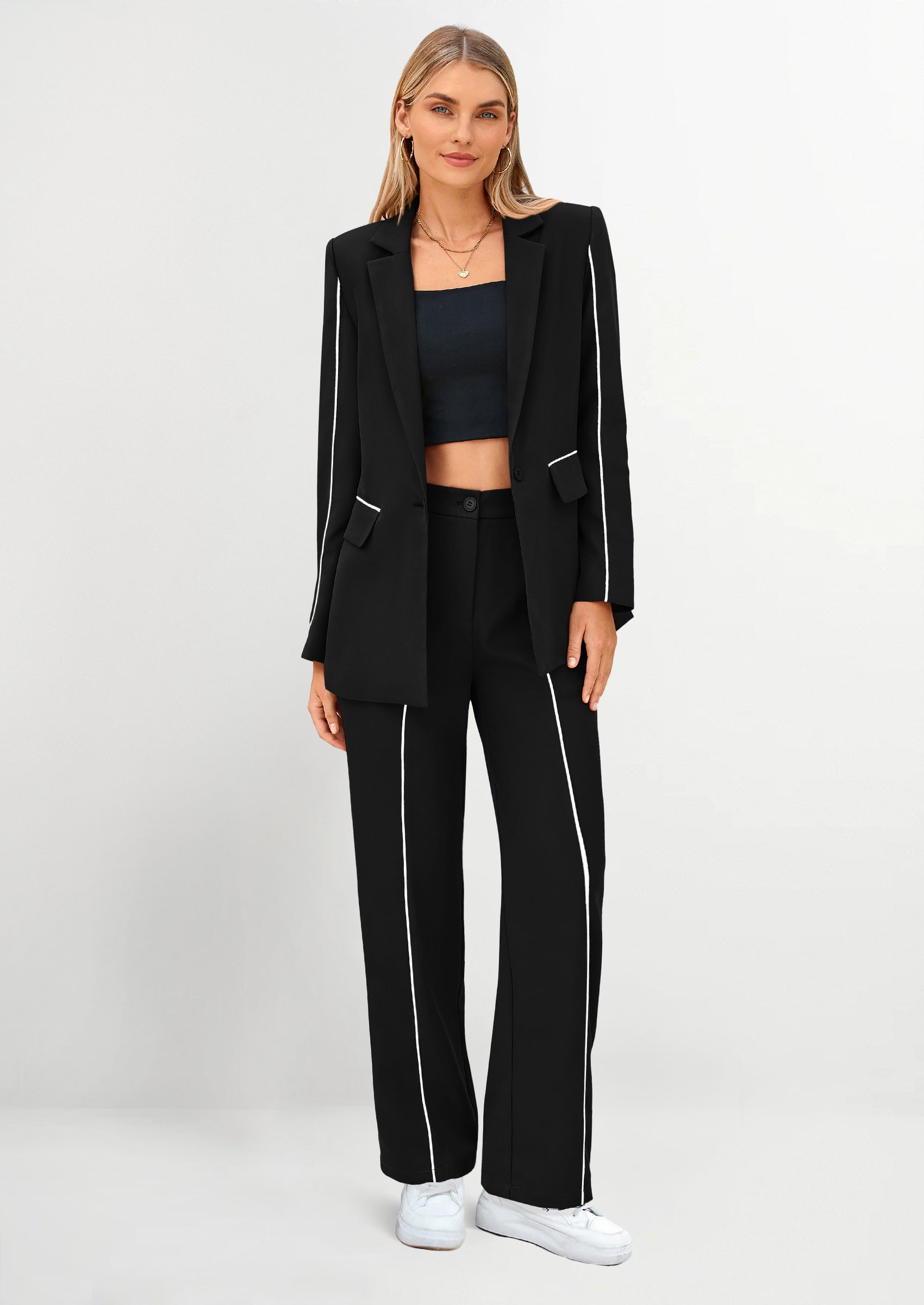 Osonn 2 Piece Blazer Outfits Business Casual Oversized Jacket Wide Leg Work Pants Dressy Suit Set