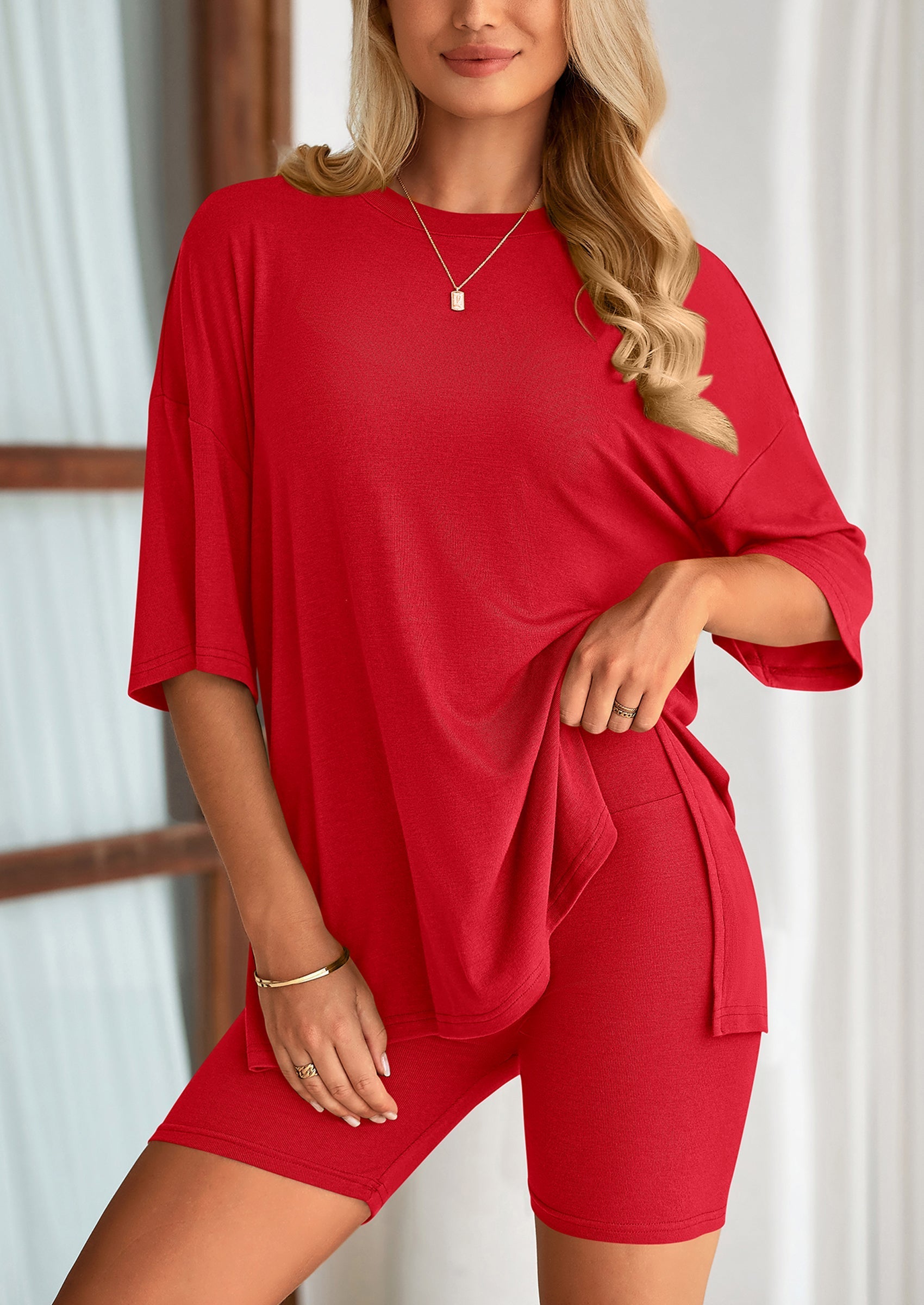 Osonn Women's Two Piece Lounge Set Summer Casual Oversized Shirts Biker Shorts Matching Airport Travel Outfit