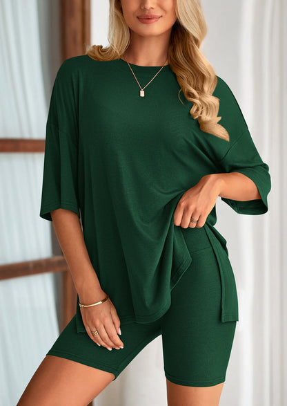 Osonn Women's Two Piece Lounge Set Summer Casual Oversized Shirts Biker Shorts Matching Airport Travel Outfit