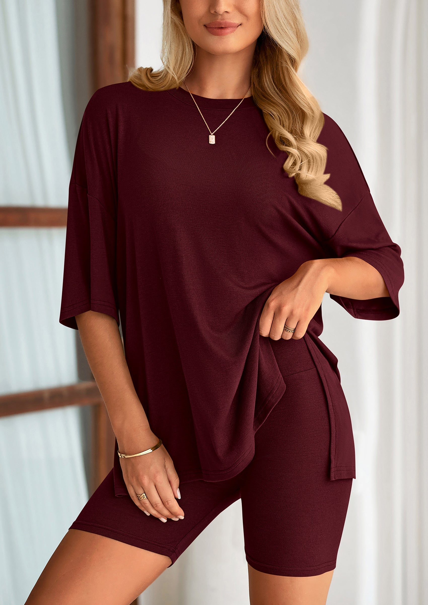 Osonn Women's Two Piece Lounge Set Summer Casual Oversized Shirts Biker Shorts Matching Airport Travel Outfit