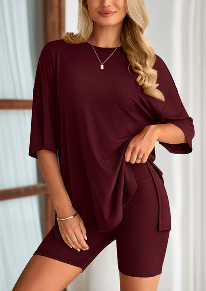 Osonn Women's Two Piece Lounge Set Summer Casual Oversized Shirts Biker Shorts Matching Airport Travel Outfit