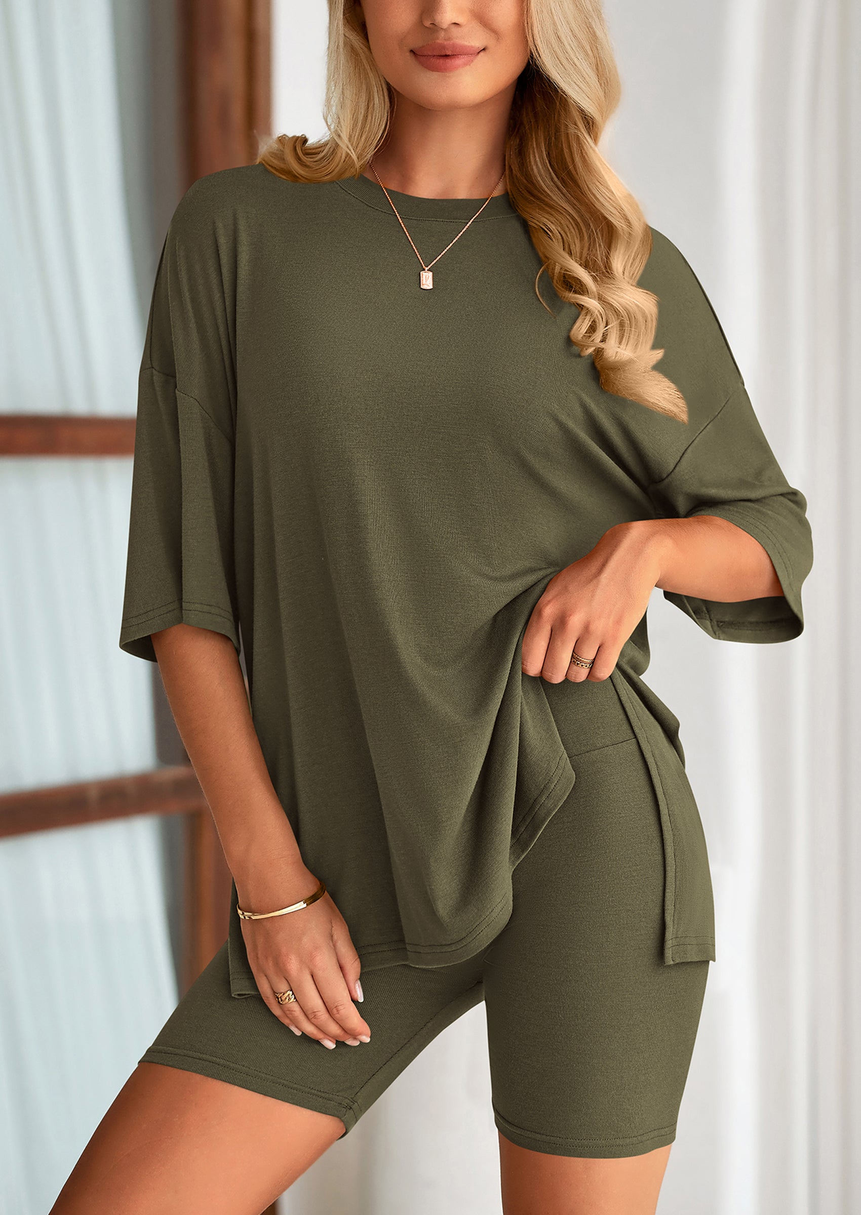 Osonn Women's Two Piece Lounge Set Summer Casual Oversized Shirts Biker Shorts Matching Airport Travel Outfit