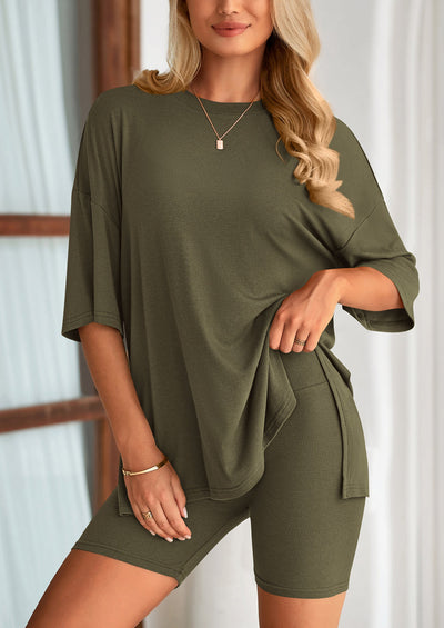 Osonn Women's Two Piece Lounge Set Summer Casual Oversized Shirts Biker Shorts Matching Airport Travel Outfit