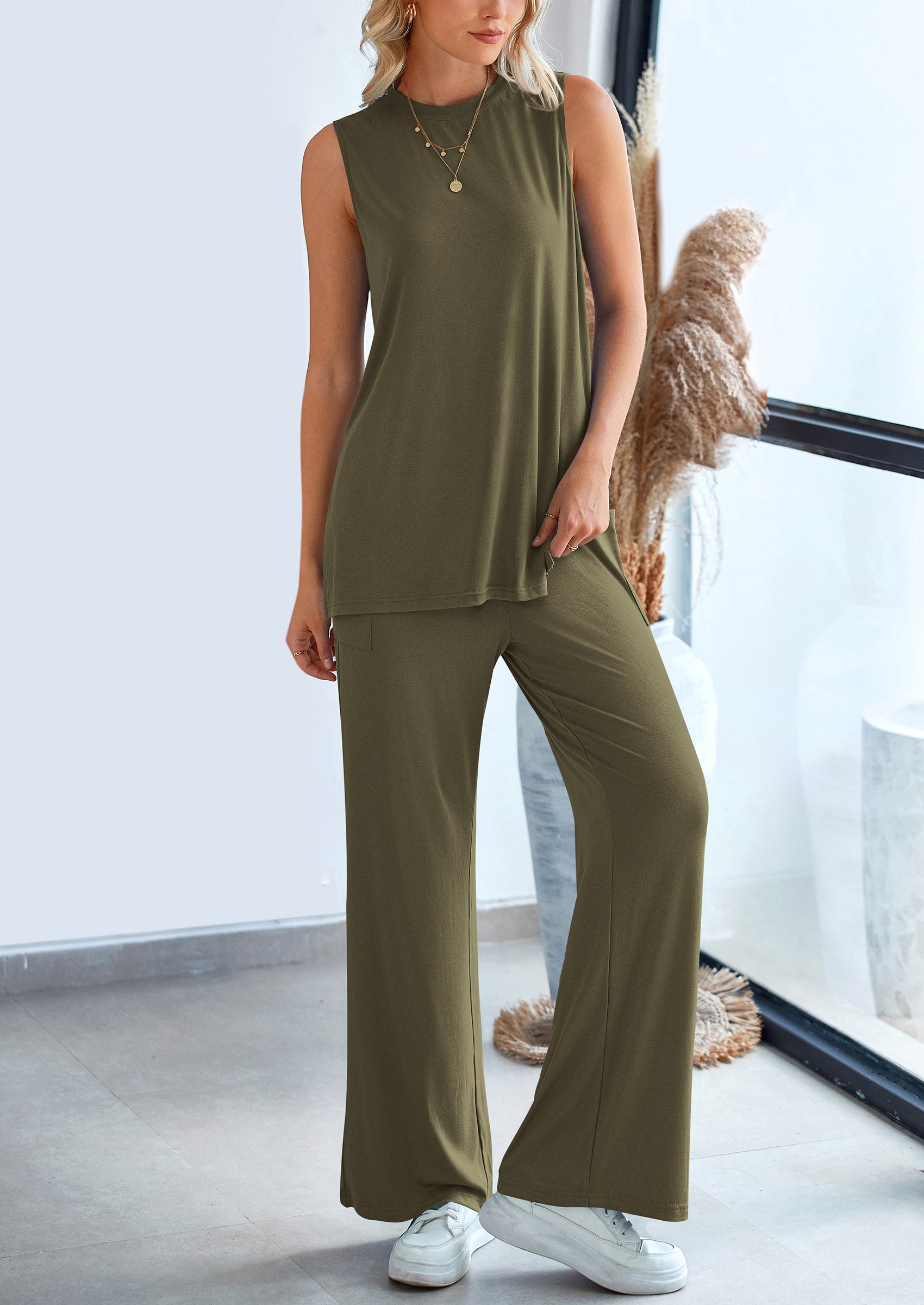 Osonn 2 Piece Set Loose Tank Top Wide Leg Pants Casual Matching Outfits Tracksuit