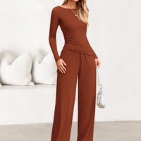 Osonn Women's 2 Piece Lounge Sets Asymmetrical Long Sleeve T Shirt Wide Leg Pants Casual Outfits Tracksuit