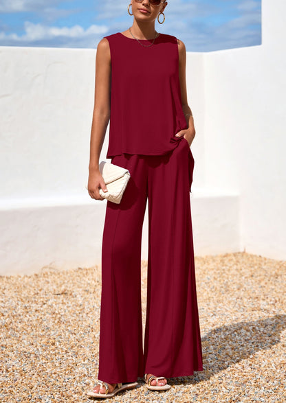 Osonn Women's Two Piece Matching Lounge Sets Asymmetrical Split Tank Tops Wide Leg Pants Summer Outfits Tracksuit