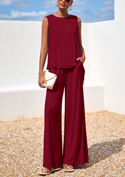 Osonn Women's Two Piece Matching Lounge Sets Asymmetrical Split Tank Tops Wide Leg Pants Summer Outfits Tracksuit