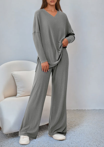Osonn 2 Piece Lounge Sets for Women Fall Outfits Casual Loose Long Sleeve Tops Wide Leg Pants Matching Pajama Set