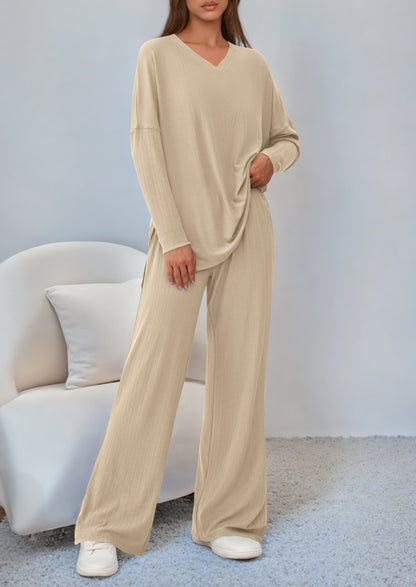 Osonn 2 Piece Lounge Sets for Women Fall Outfits Casual Loose Long Sleeve Tops Wide Leg Pants Matching Pajama Set