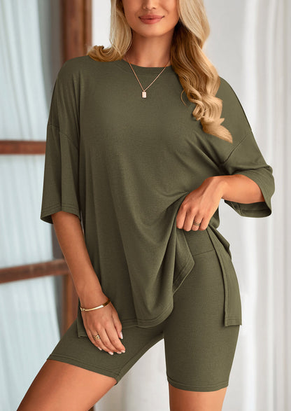 Osonn Women's Two Piece Lounge Set Summer Casual Oversized Shirts Biker Shorts Matching Airport Travel Outfit