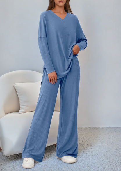 Osonn 2 Piece Lounge Sets for Women Fall Outfits Casual Loose Long Sleeve Tops Wide Leg Pants Matching Pajama Set