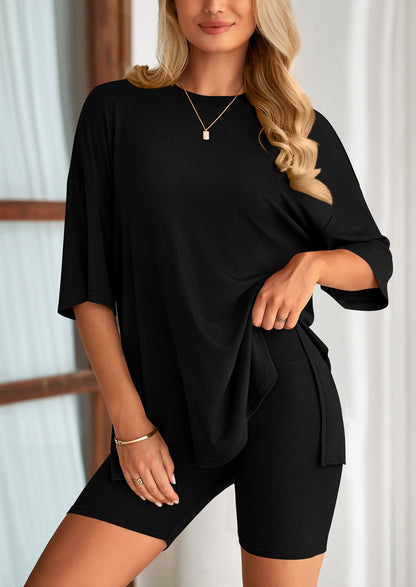 Osonn Women's Two Piece Lounge Set Summer Casual Oversized Shirts Biker Shorts Matching Airport Travel Outfit