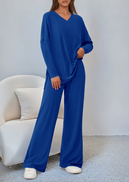 Osonn 2 Piece Lounge Sets for Women Fall Outfits Casual Loose Long Sleeve Tops Wide Leg Pants Matching Pajama Set