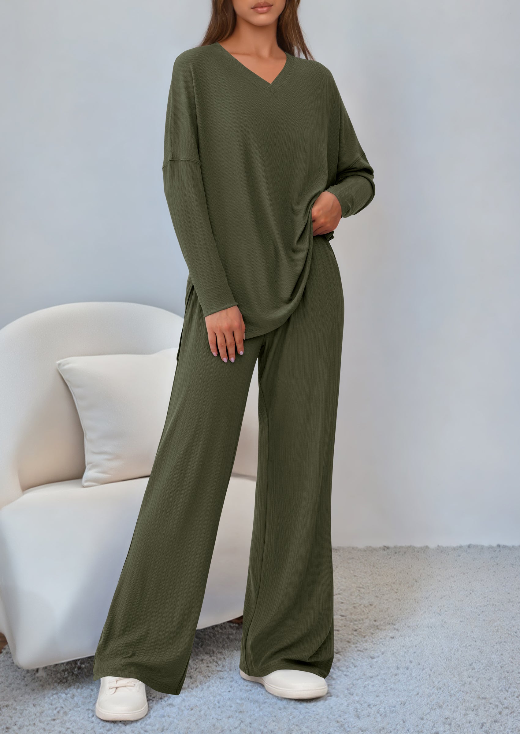 Osonn 2 Piece Lounge Sets for Women Fall Outfits Casual Loose Long Sleeve Tops Wide Leg Pants Matching Pajama Set