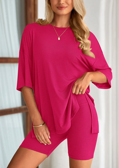 Osonn Women's Two Piece Lounge Set Summer Casual Oversized Shirts Biker Shorts Matching Airport Travel Outfit