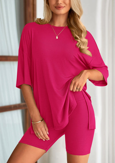 Osonn Women's Two Piece Lounge Set Summer Casual Oversized Shirts Biker Shorts Matching Airport Travel Outfit