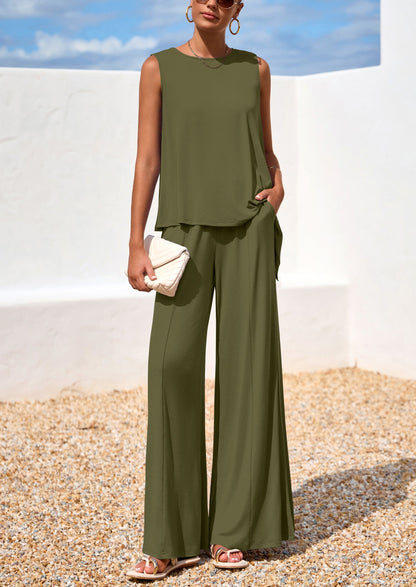 Osonn Women's Two Piece Matching Lounge Sets Asymmetrical Split Tank Tops Wide Leg Pants Summer Outfits Tracksuit