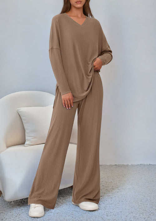 Osonn 2 Piece Lounge Sets for Women Fall Outfits Casual Loose Long Sleeve Tops Wide Leg Pants Matching Pajama Set