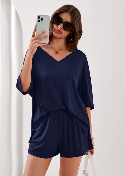 Osonn Womens 2 Piece Sets Oversized Vneck Half Sleeve Tops Shorts Lounge Set Casual Summer Travel Beach Outfits