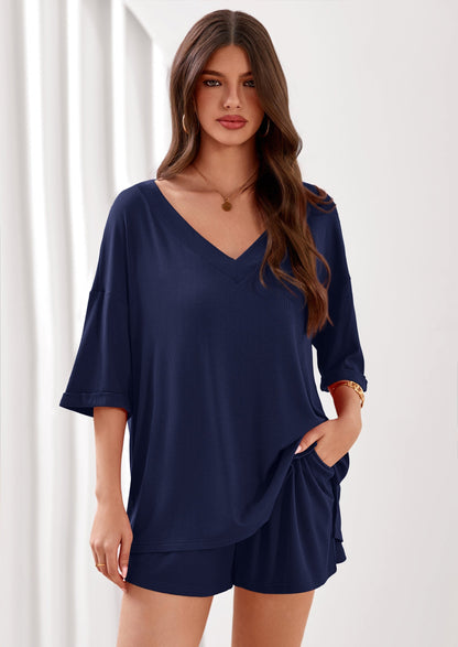 Osonn Womens 2 Piece Sets Oversized Vneck Half Sleeve Tops Shorts Lounge Set Casual Summer Travel Beach Outfits