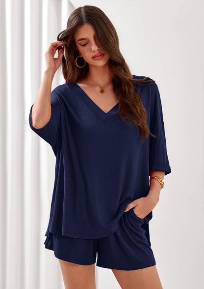 Osonn Womens 2 Piece Sets Oversized Vneck Half Sleeve Tops Shorts Lounge Set Casual Summer Travel Beach Outfits
