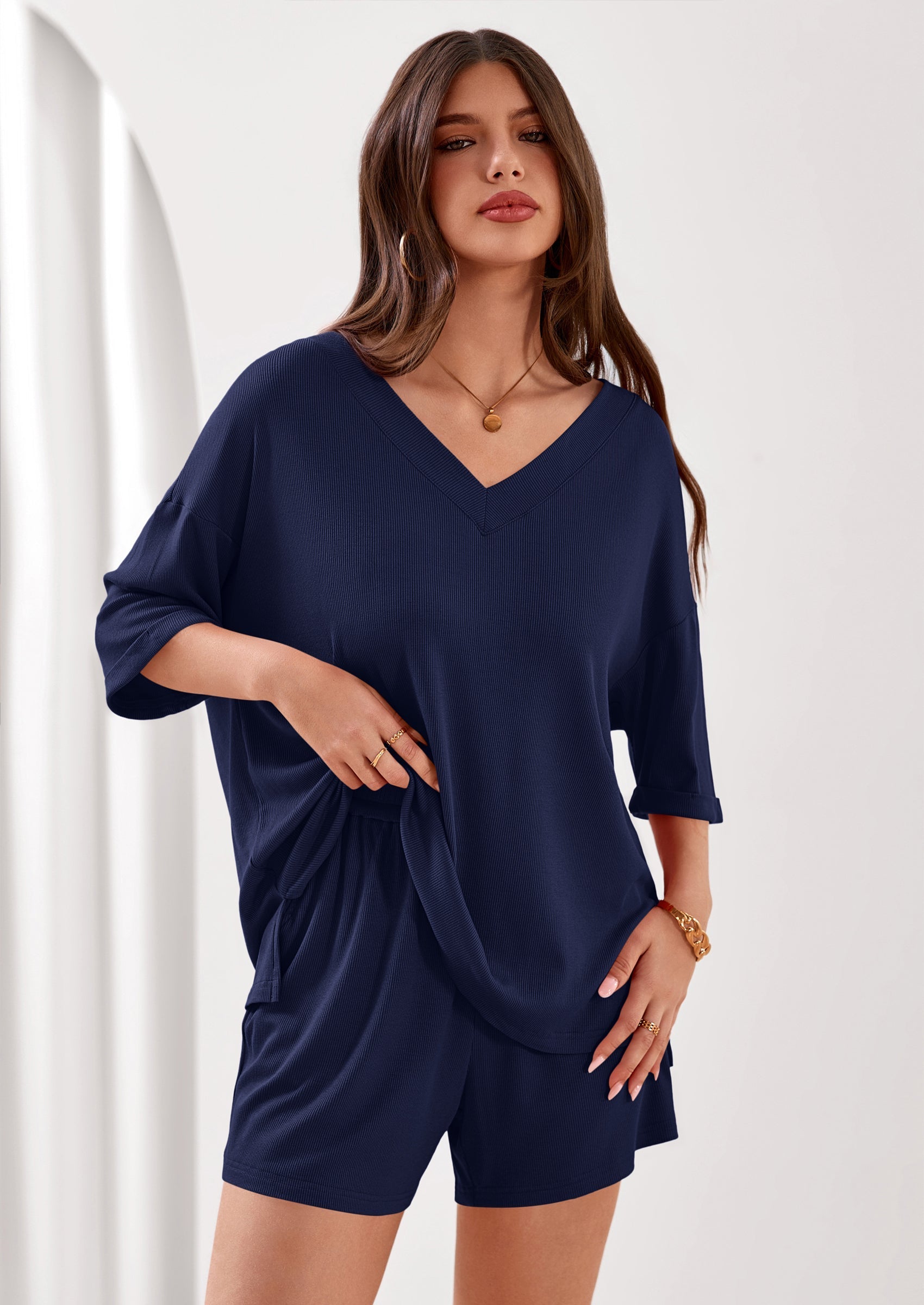 Osonn Womens 2 Piece Sets Oversized Vneck Half Sleeve Tops Shorts Lounge Set Casual Summer Travel Beach Outfits