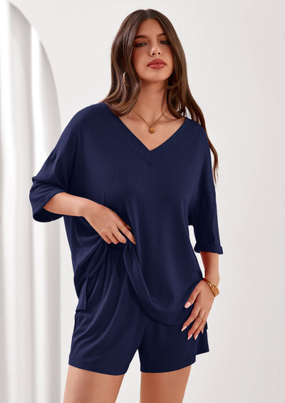 Osonn Womens 2 Piece Sets Oversized Vneck Half Sleeve Tops Shorts Lounge Set Casual Summer Travel Beach Outfits