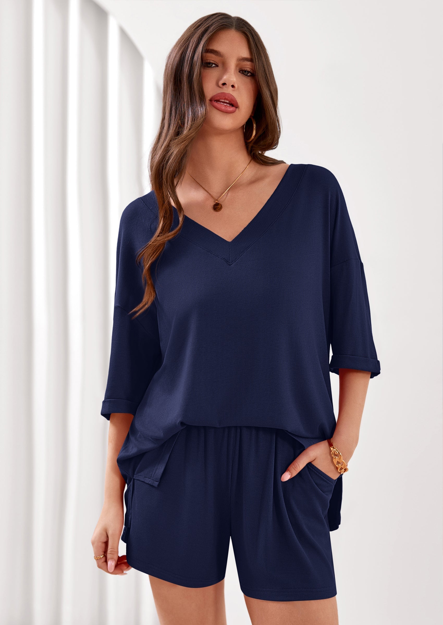 Osonn Womens 2 Piece Sets Oversized Vneck Half Sleeve Tops Shorts Lounge Set Casual Summer Travel Beach Outfits