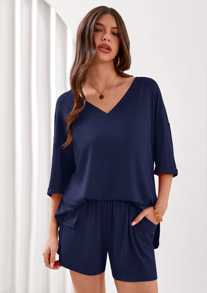 Osonn Womens 2 Piece Sets Oversized Vneck Half Sleeve Tops Shorts Lounge Set Casual Summer Travel Beach Outfits