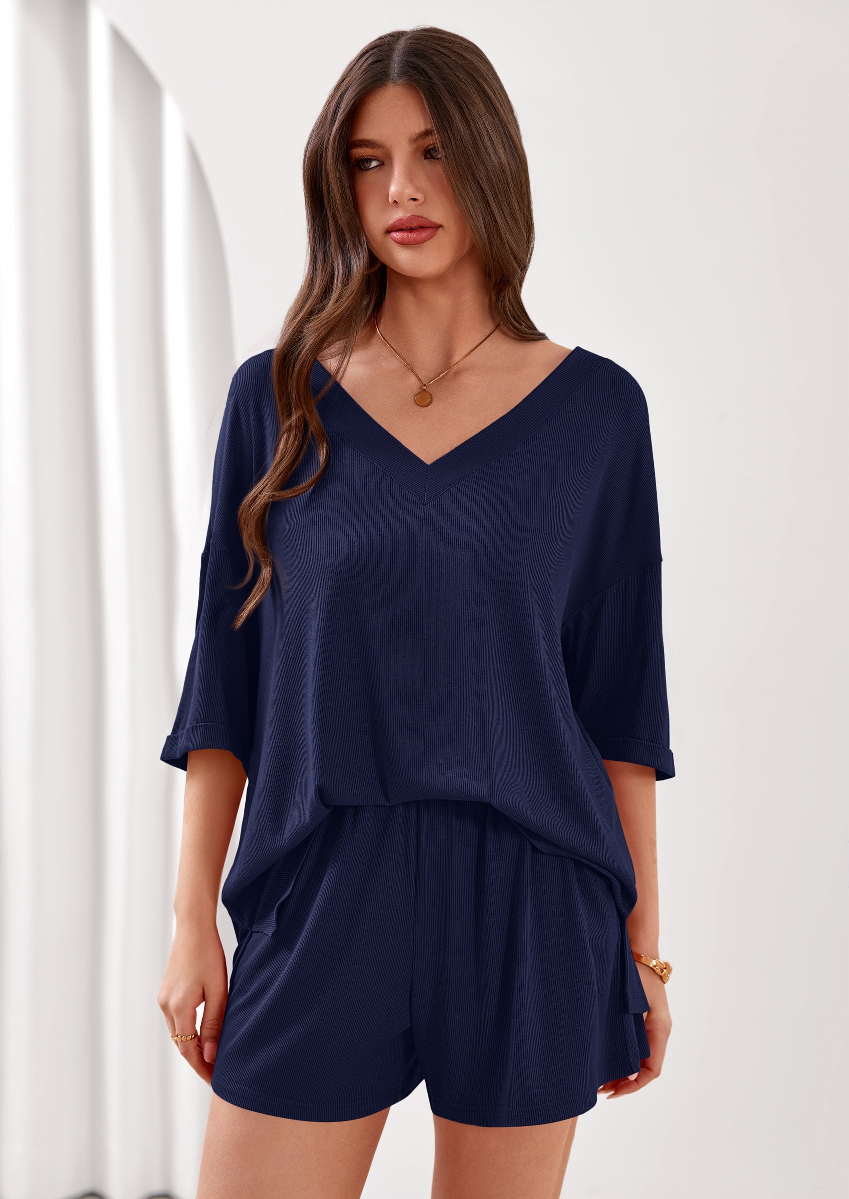 Osonn Womens 2 Piece Sets Oversized Vneck Half Sleeve Tops Shorts Lounge Set Casual Summer Travel Beach Outfits