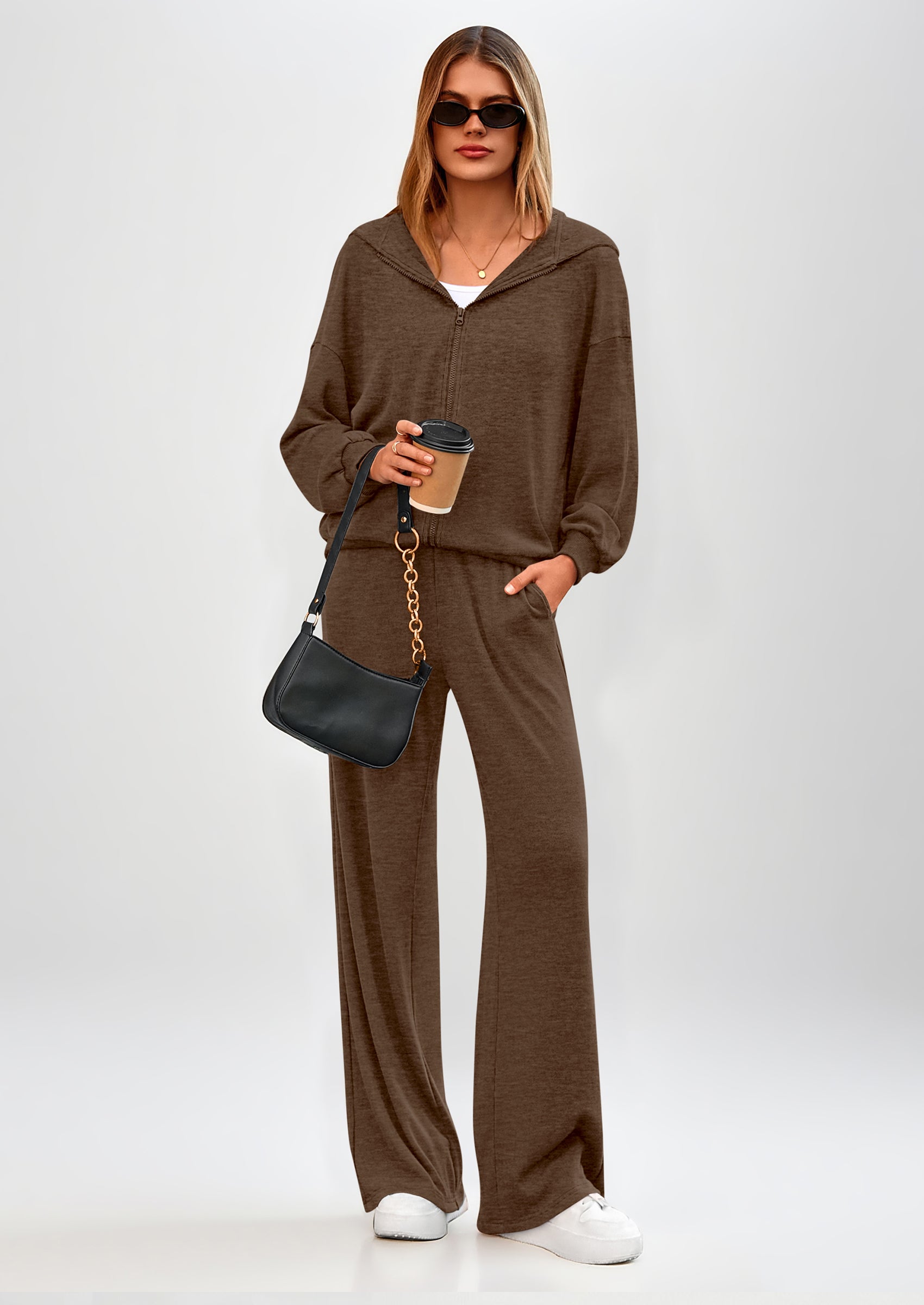 Osonn Women's 2 Piece Fall Lounge Sets Zip Up Hoodie Wide Leg Pants Tracksuit Matching Travel Outfits Clothes