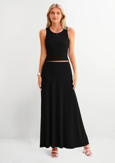 Osonn 2 Piece Maxi Skirt Sets Casual Knit Cropped Tank Top High Waisted Long Skirts Outfit