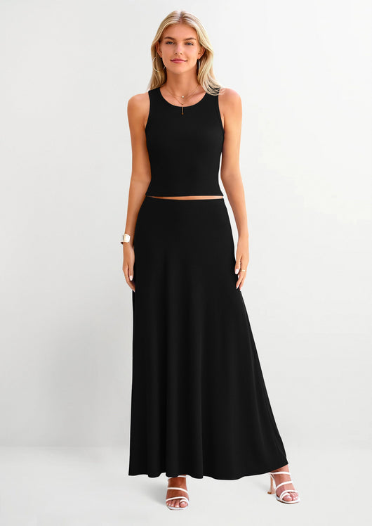 Osonn 2 Piece Maxi Skirt Sets Casual Knit Cropped Tank Top High Waisted Long Skirts Outfit