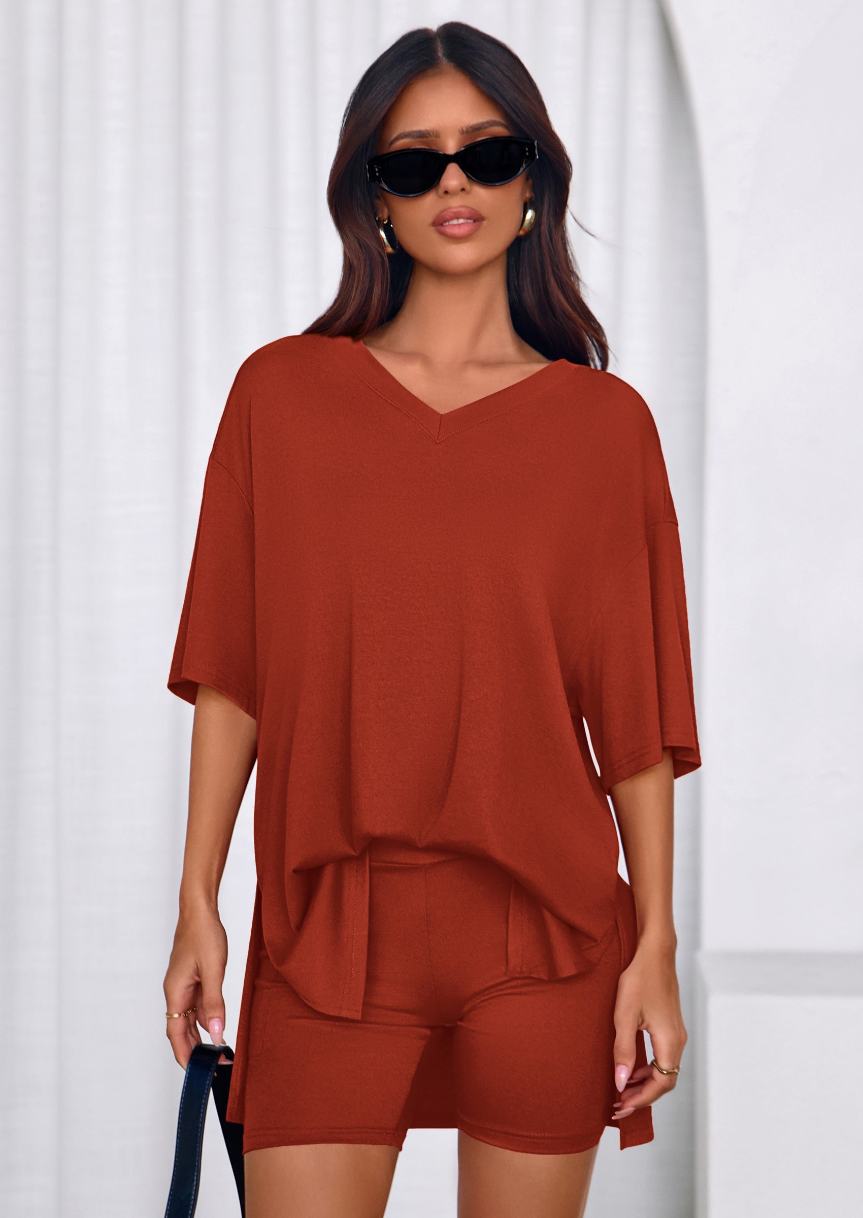 Osonn 2 Piece Sets for Women Summer Lounge Short Set Spring Matching Biker Shorts V Neck Oversized Shirt Clothing