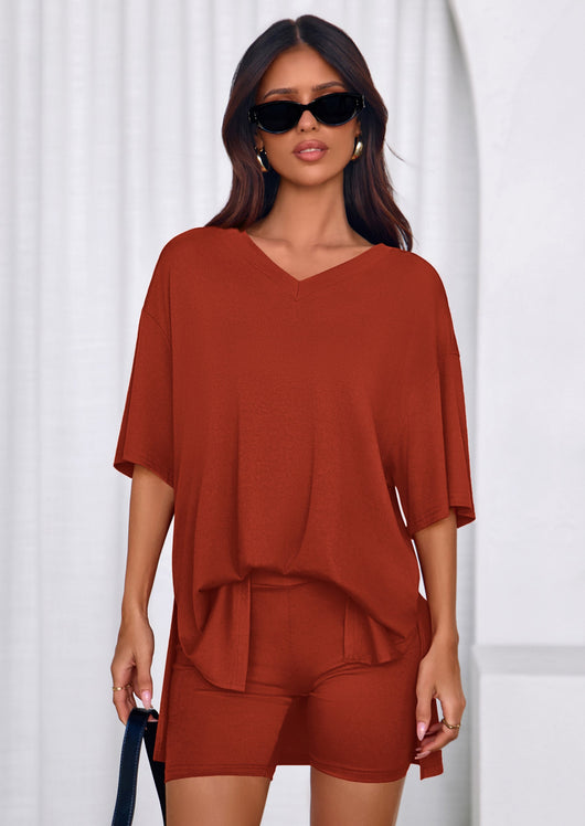 Osonn 2 Piece Sets for Women Summer Lounge Short Set Spring Matching Biker Shorts V Neck Oversized Shirt Clothing